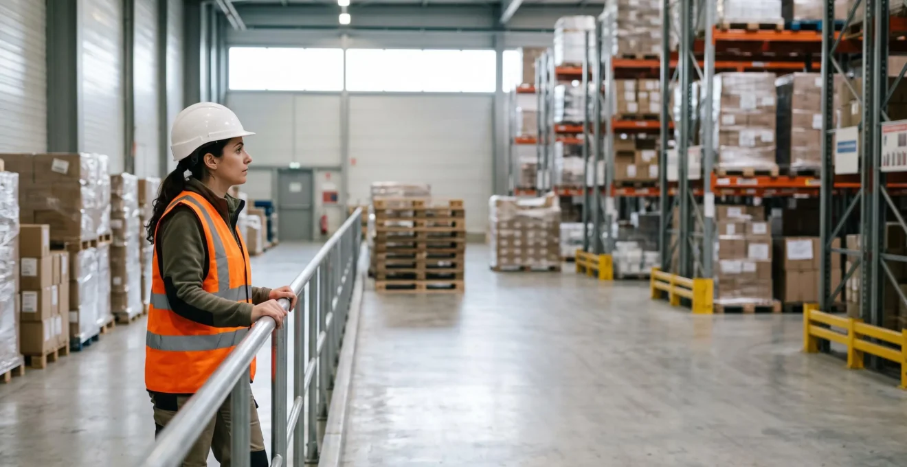 Agent de prevention effectuant une ronde d'inspection dans un atelier industriel francais, regard attentif sur les zones a risque