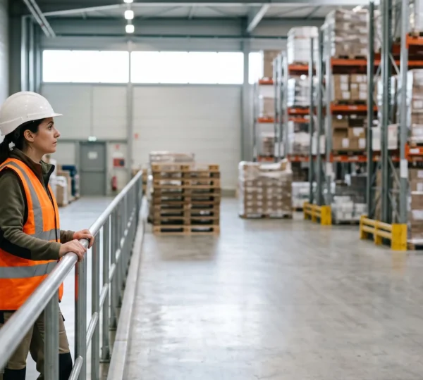 Agent de prevention effectuant une ronde d'inspection dans un atelier industriel francais, regard attentif sur les zones a risque