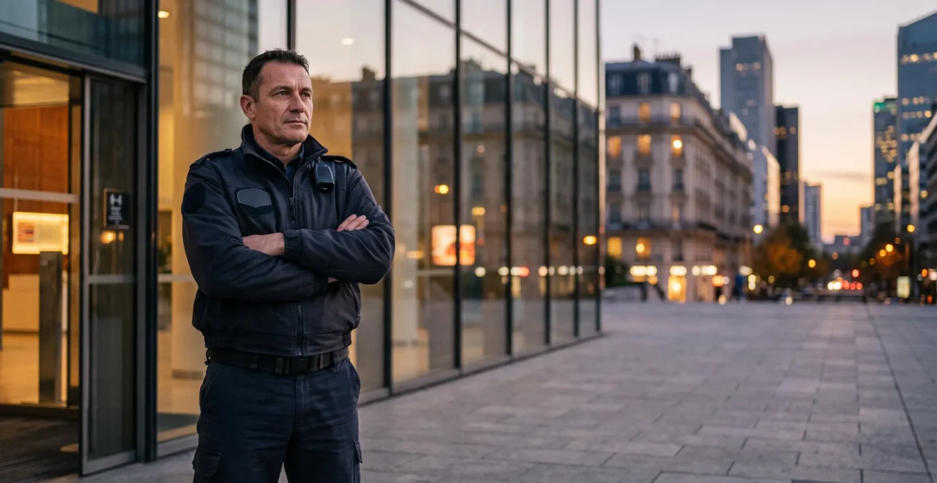 Un agent de sécurité français se tenant debout, pensif, à l'entrée d'un immeuble de bureaux au crépuscule, symbolisant la défense de ses droits face à son employeur