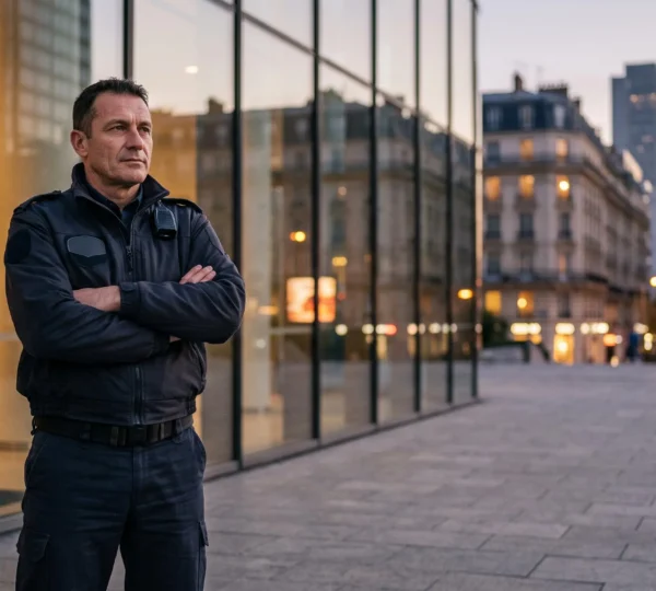 Un agent de sécurité français se tenant debout, pensif, à l'entrée d'un immeuble de bureaux au crépuscule, symbolisant la défense de ses droits face à son employeur