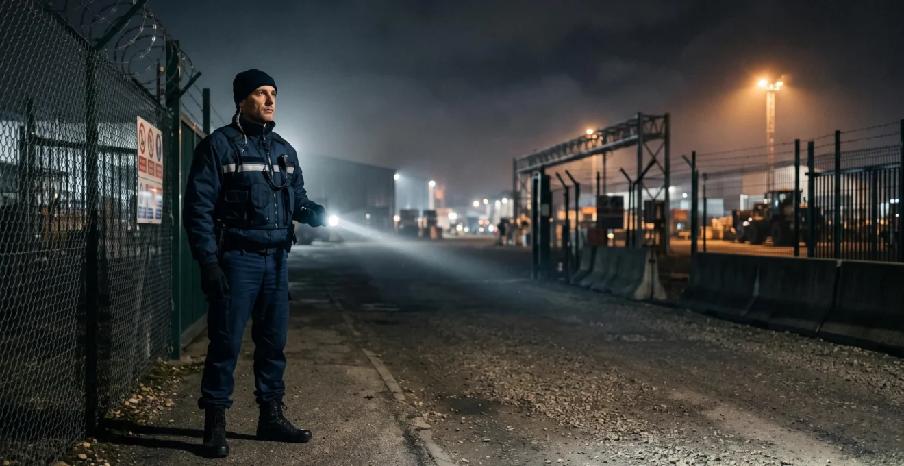 Agent de sécurité en poste de gardiennage nocturne, vigilant face à un site industriel français