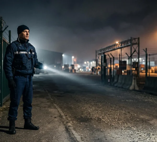 Agent de sécurité en poste de gardiennage nocturne, vigilant face à un site industriel français