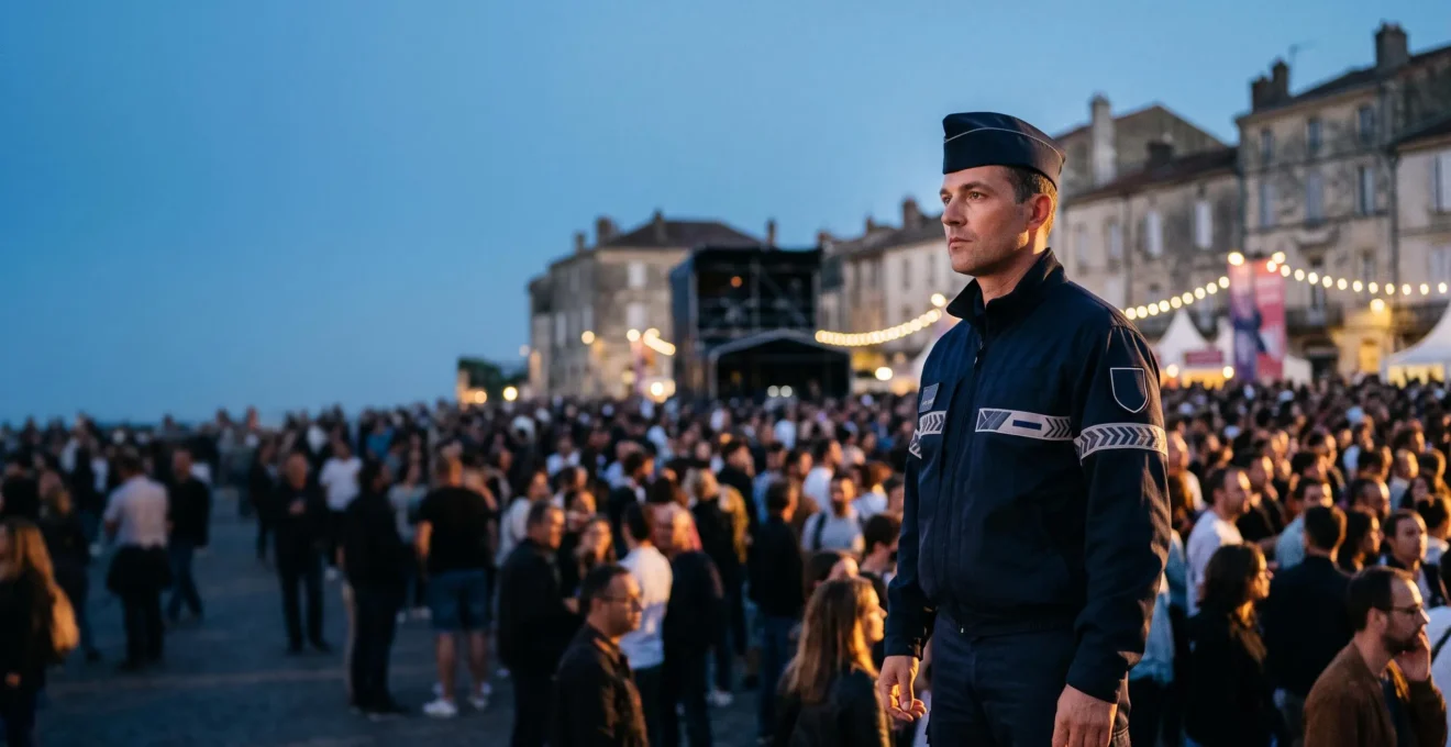 Agent de sécurité événementielle en tenue professionnelle assurant la surveillance d'une foule lors d'un grand rassemblement en France