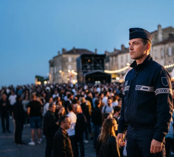 Agent de sécurité événementielle en tenue professionnelle assurant la surveillance d'une foule lors d'un grand rassemblement en France