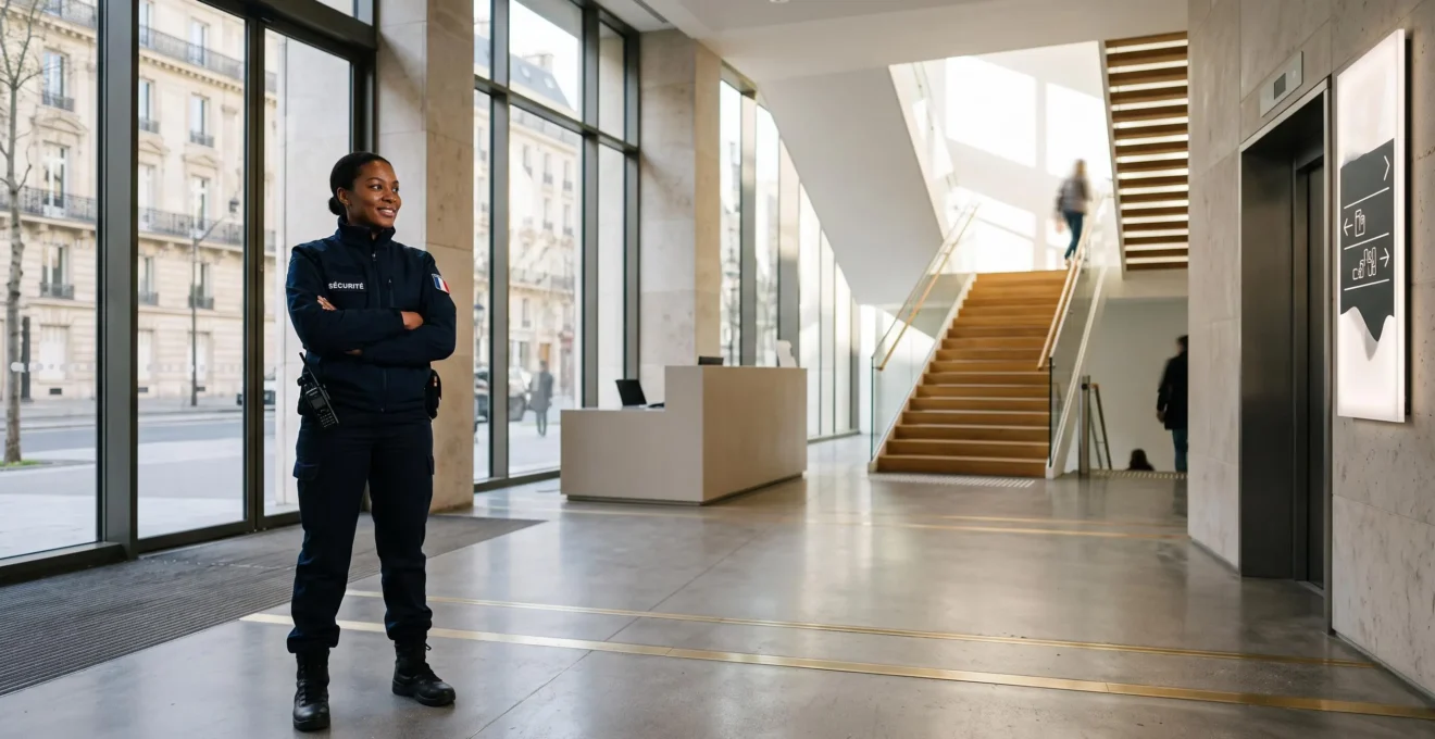 Agent de sécurité française en tenue professionnelle observant un hall d'immeuble moderne, symbolisant l'évolution de carrière grâce à la formation interne