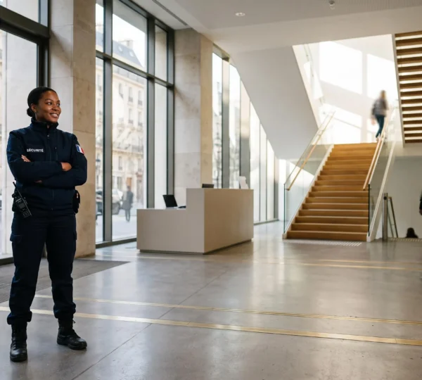 Agent de sécurité française en tenue professionnelle observant un hall d'immeuble moderne, symbolisant l'évolution de carrière grâce à la formation interne