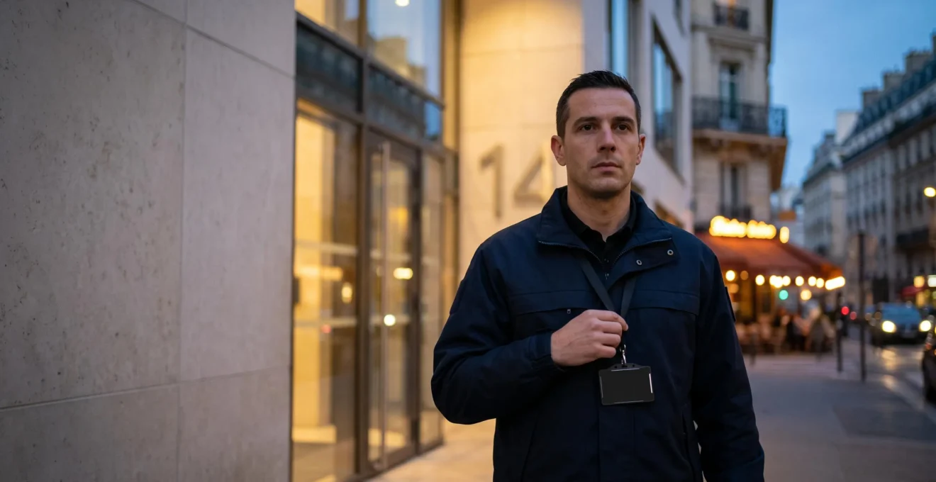 Agent de sécurité privée français vérifiant son badge professionnel dans un environnement urbain, symbolisant la conformité à l'agrément CNAPS
