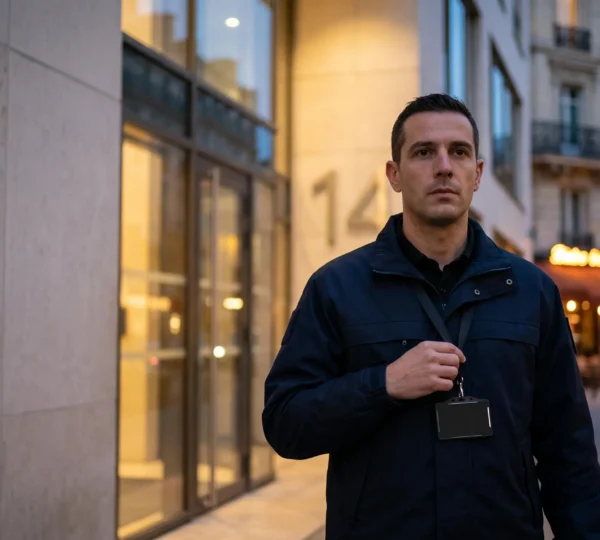 Agent de sécurité privée français vérifiant son badge professionnel dans un environnement urbain, symbolisant la conformité à l'agrément CNAPS