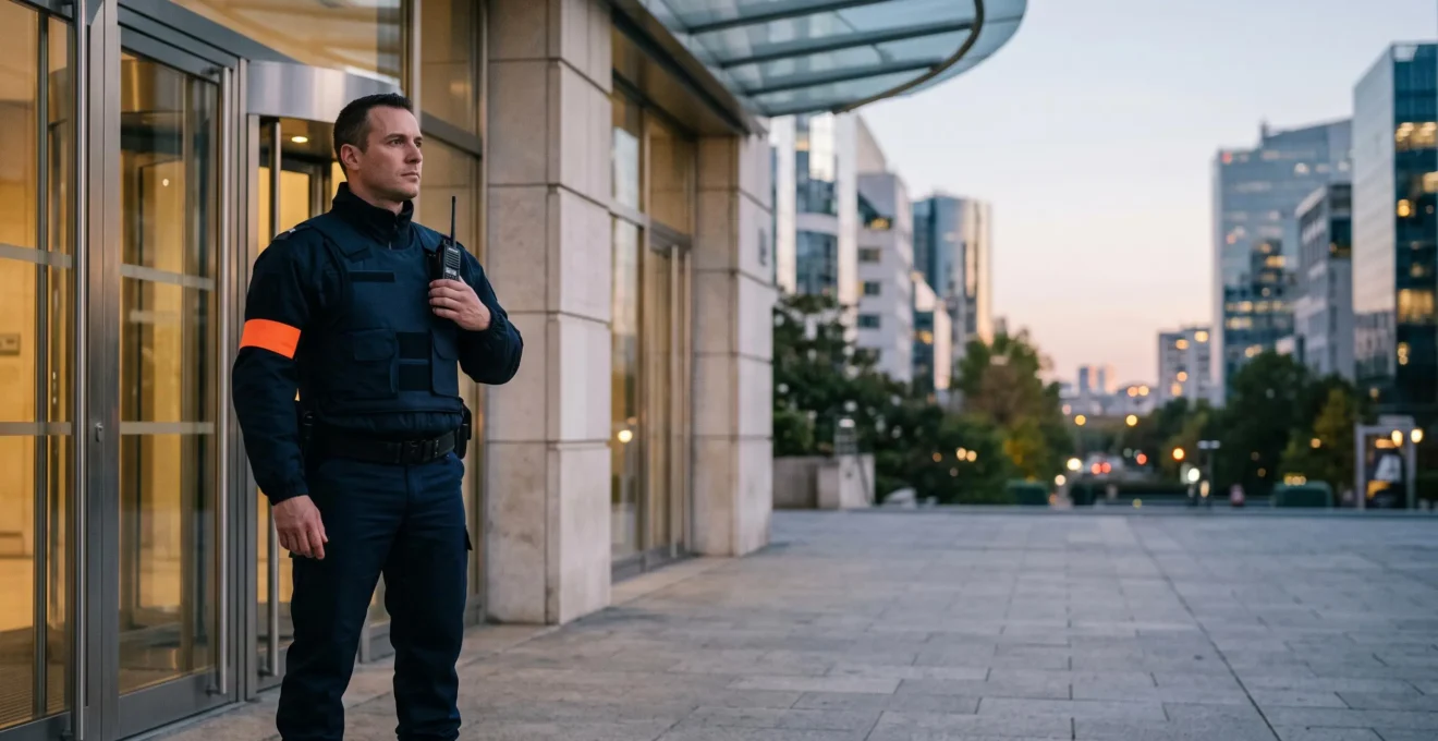 Agent de sécurité privée en tenue professionnelle observant un site en France, symbolisant la validation du MAC APS et la continuité de sa carrière