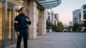Agent de sécurité privée en tenue professionnelle observant un site en France, symbolisant la validation du MAC APS et la continuité de sa carrière