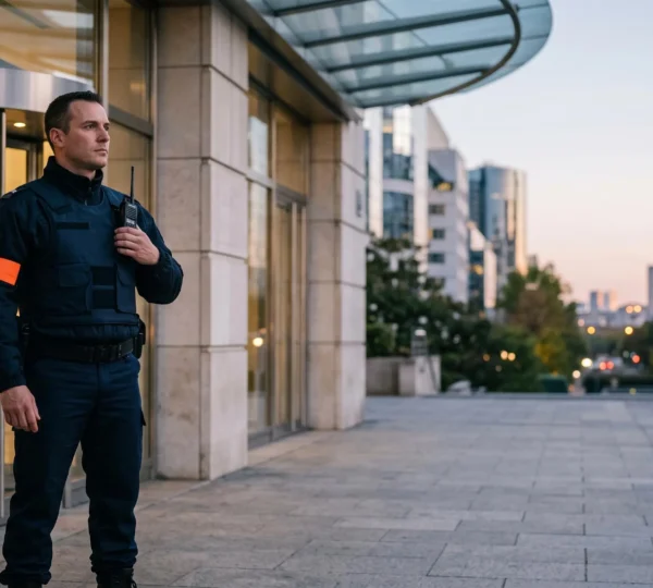 Agent de sécurité privée en tenue professionnelle observant un site en France, symbolisant la validation du MAC APS et la continuité de sa carrière