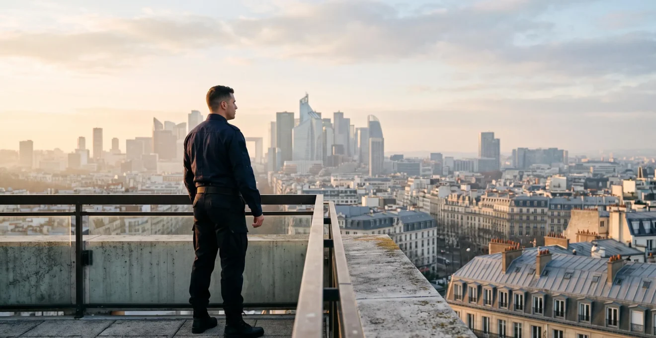 Jeune agent de sécurité professionnel observant un site urbain français au petit matin, symbole de la transition réussie de la formation vers l'emploi