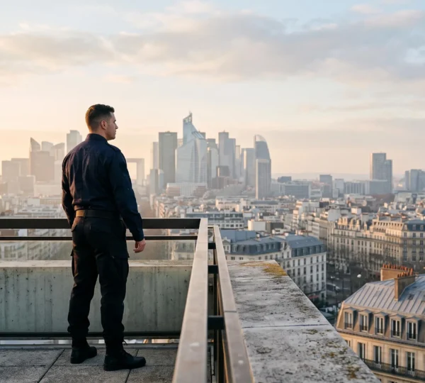 Jeune agent de sécurité professionnel observant un site urbain français au petit matin, symbole de la transition réussie de la formation vers l'emploi