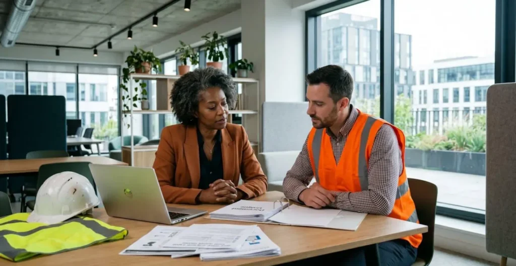 Un responsable HSE et un formateur analysent ensemble un Document Unique d'Évaluation des Risques en entreprise