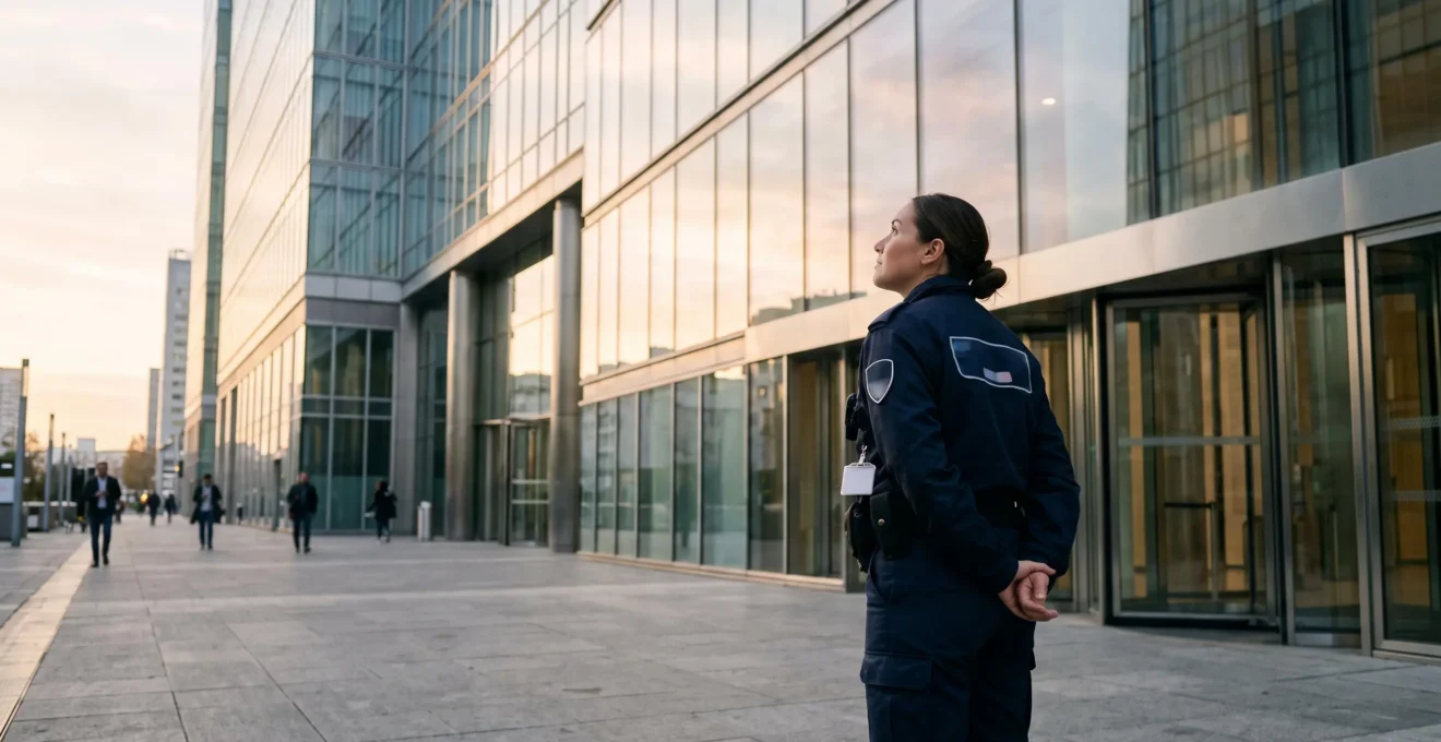 Silhouette d'un agent de sécurité en uniforme observant un immeuble de bureaux au lever du jour, symbolisant la progression de carrière vers un poste de chef d'équipe en France