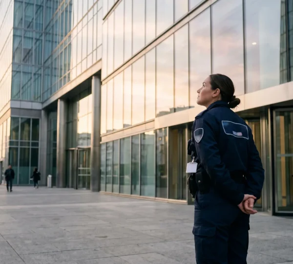 Silhouette d'un agent de sécurité en uniforme observant un immeuble de bureaux au lever du jour, symbolisant la progression de carrière vers un poste de chef d'équipe en France