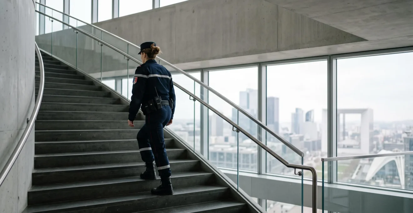 Agent de sécurité incendie SSIAP montant un escalier dans une tour française, symbolisant la progression de carrière vers le poste de chef de service