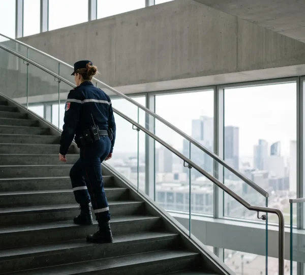 Agent de sécurité incendie SSIAP montant un escalier dans une tour française, symbolisant la progression de carrière vers le poste de chef de service