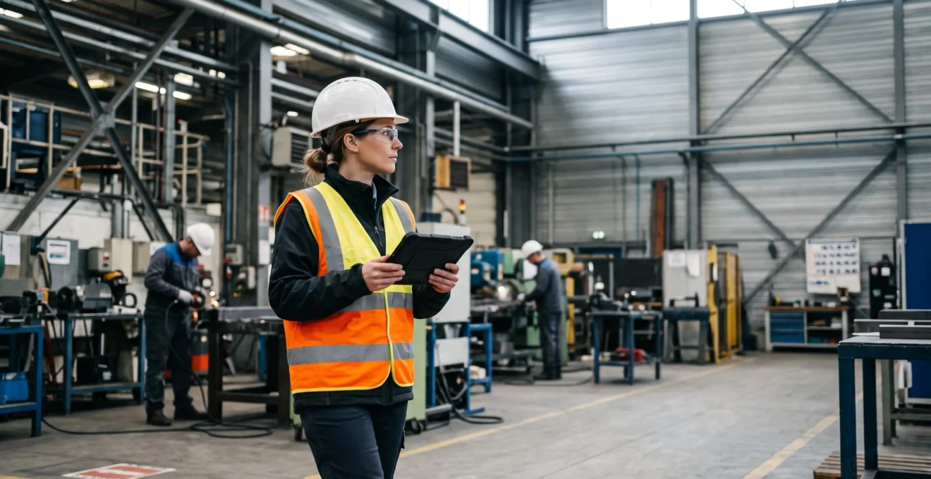 Auditeur HSE certifié inspectant une ligne de production industrielle dans une usine française