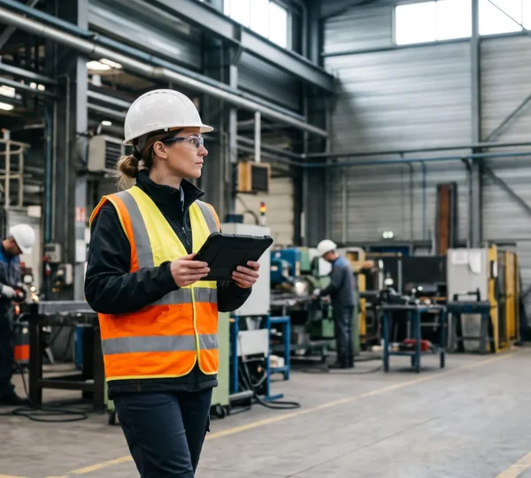 Auditeur HSE certifié inspectant une ligne de production industrielle dans une usine française