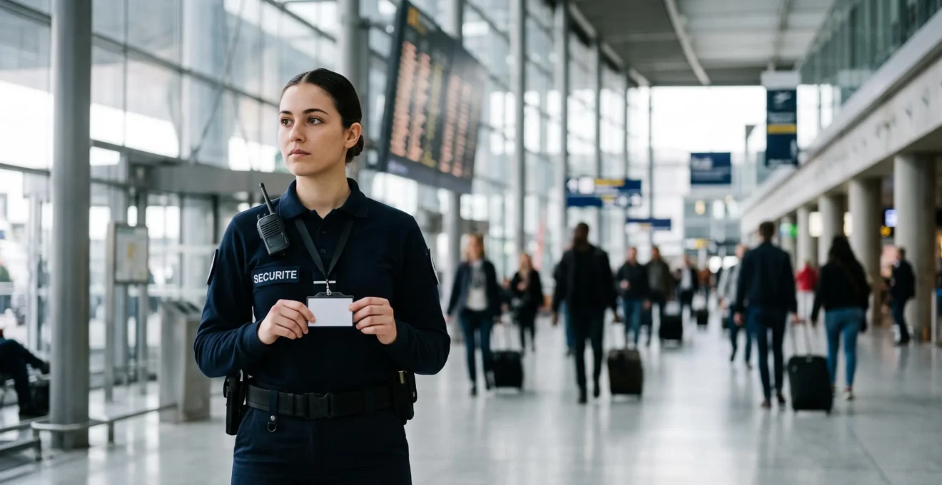 Agent de sûreté tenant un badge d'accès aéroportuaire dans un terminal moderne français, symbole de l'accès aux métiers de la sûreté aérienne