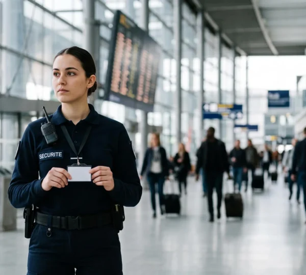 Agent de sûreté tenant un badge d'accès aéroportuaire dans un terminal moderne français, symbole de l'accès aux métiers de la sûreté aérienne