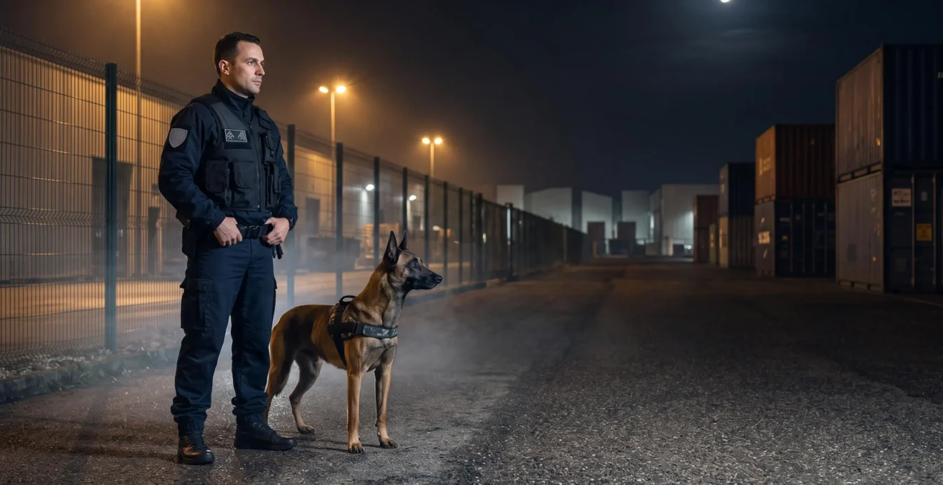 Agent de sécurité cynophile et son chien en vigilance nocturne sur un site industriel en France