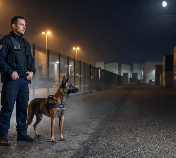 Agent de sécurité cynophile et son chien en vigilance nocturne sur un site industriel en France