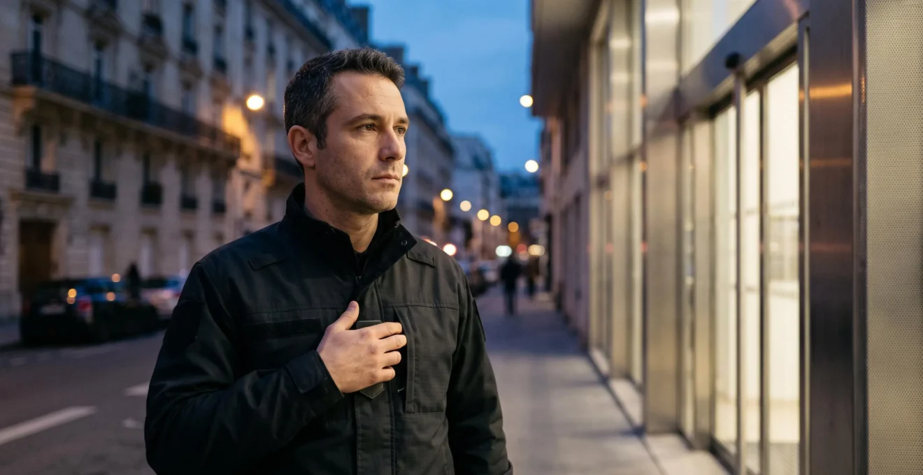 Agent de securite privee francais verifiant sa carte professionnelle CNAPS avant expiration