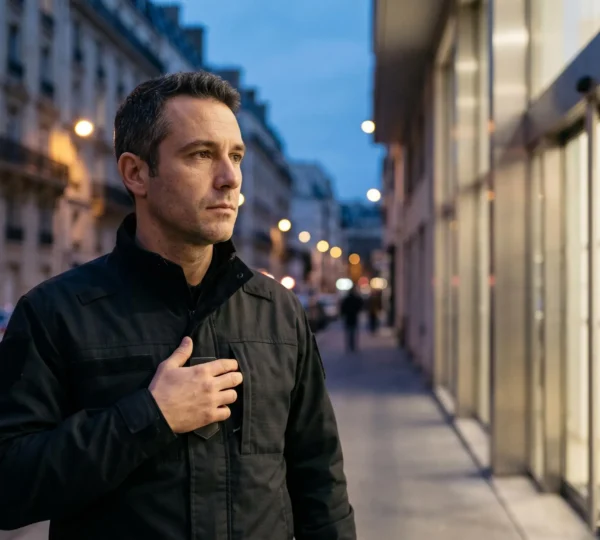 Agent de securite privee francais verifiant sa carte professionnelle CNAPS avant expiration