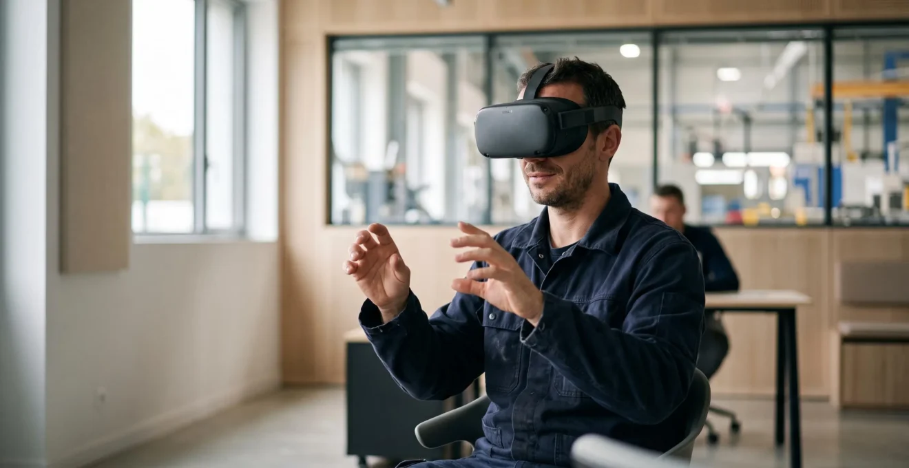 Salarié en environnement professionnel français portant un casque de réalité virtuelle lors d'une formation à la sécurité