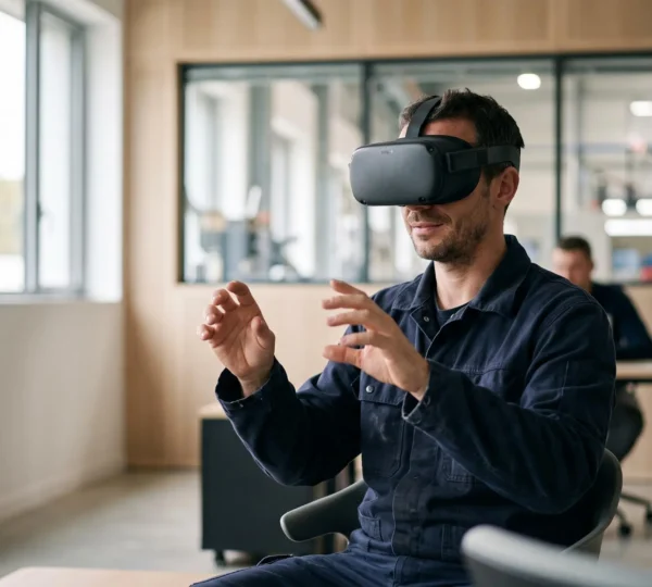 Salarié en environnement professionnel français portant un casque de réalité virtuelle lors d'une formation à la sécurité