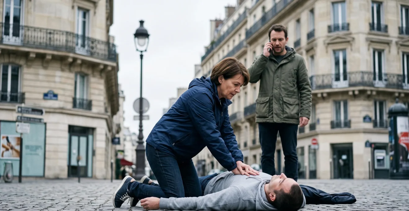 Un citoyen pratique un massage cardiaque sur une personne allongée dans une rue française typique, pendant qu'un témoin appelle les secours