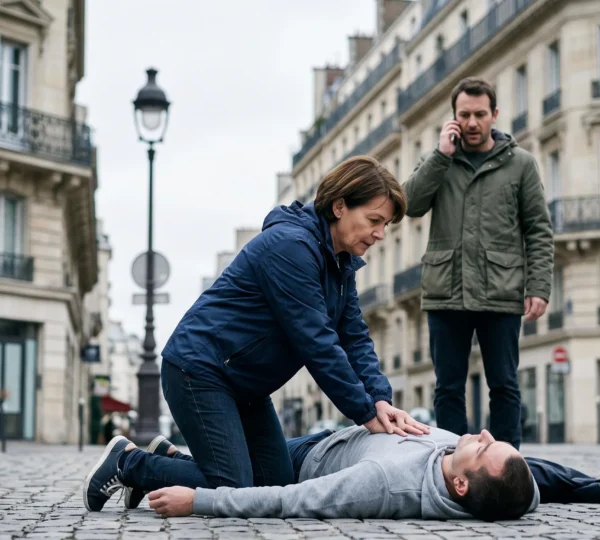 Un citoyen pratique un massage cardiaque sur une personne allongée dans une rue française typique, pendant qu'un témoin appelle les secours