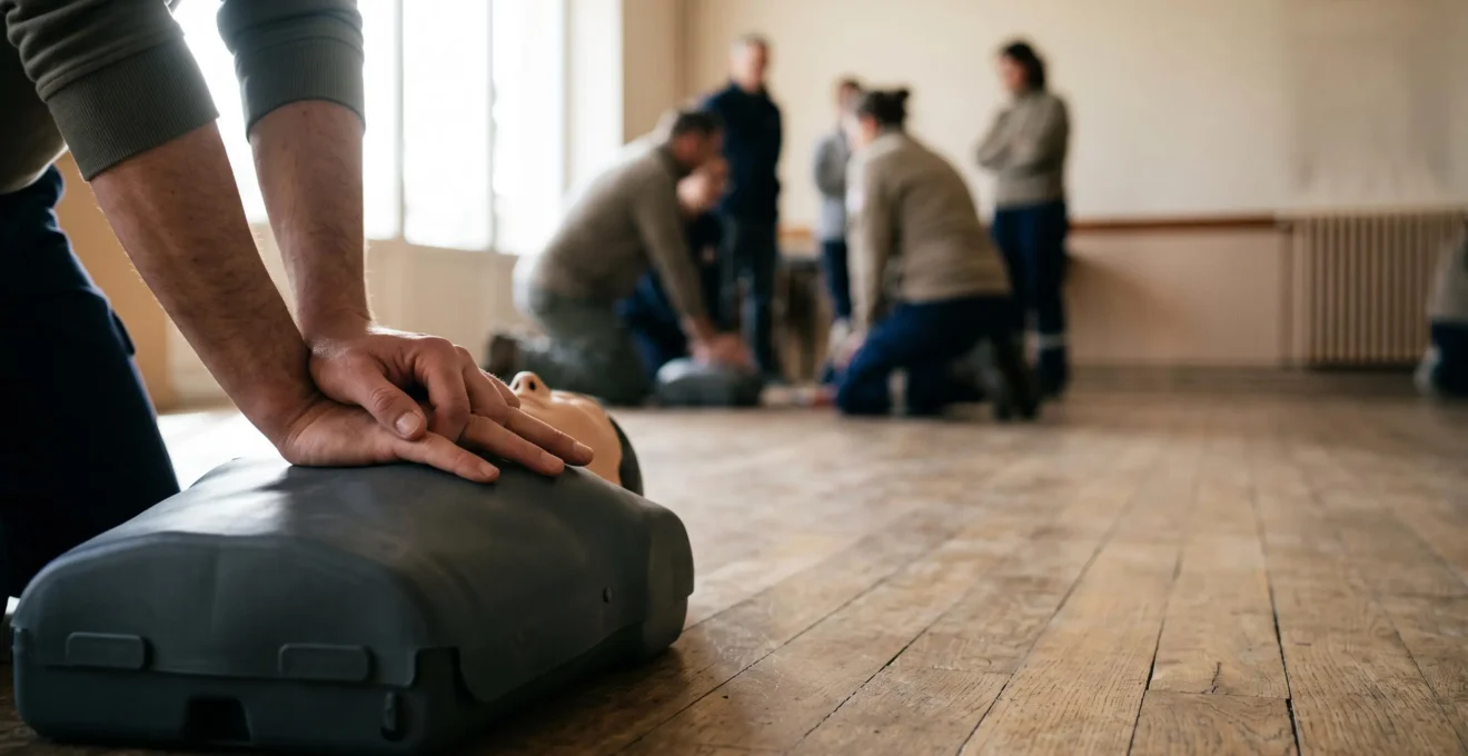 Un citoyen français pratique les gestes de premiers secours lors d'une formation PSC1, symbolisant la transformation d'un témoin en secouriste actif