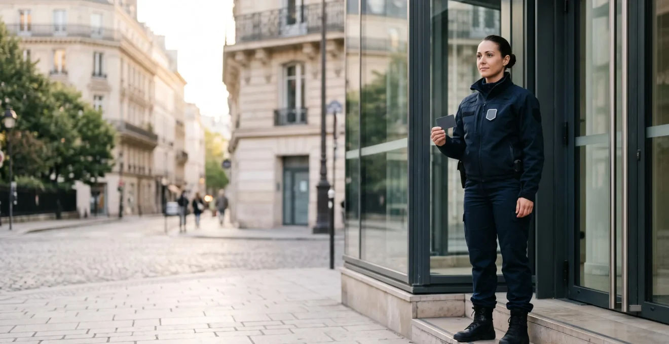Agent de sécurité privée en uniforme présentant sa carte professionnelle CNAPS dans un cadre urbain français