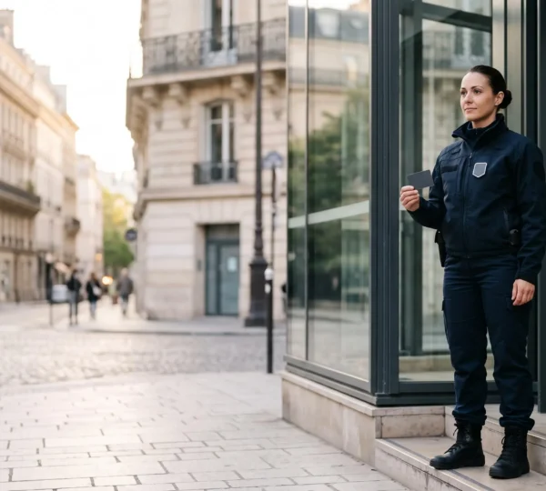 Agent de sécurité privée en uniforme présentant sa carte professionnelle CNAPS dans un cadre urbain français