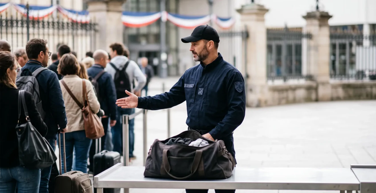 Agent de sécurité français inspectant un sac à l'entrée d'un site sous contrôle Vigipirate