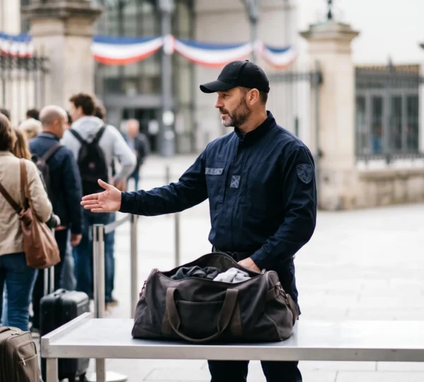 Agent de sécurité français inspectant un sac à l'entrée d'un site sous contrôle Vigipirate