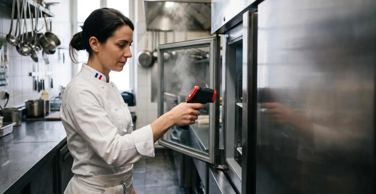 Professionnel de cuisine française vérifiant un protocole de sécurité sanitaire dans un environnement de restauration collective