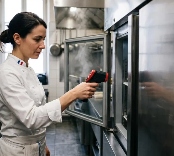 Professionnel de cuisine française vérifiant un protocole de sécurité sanitaire dans un environnement de restauration collective