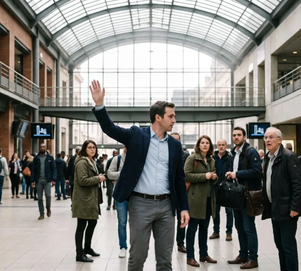 Une personne prend calmement la direction des opérations lors d'une urgence dans un lieu public en France