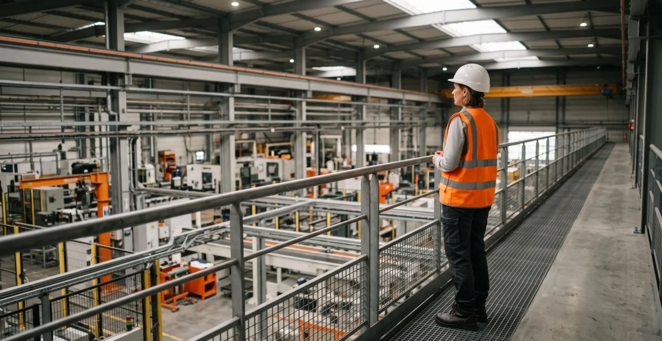 Professionnel HSE en tenue de sécurité observant depuis une passerelle industrielle une usine française, symbolisant la montée en responsabilité stratégique
