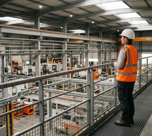 Professionnel HSE en tenue de sécurité observant depuis une passerelle industrielle une usine française, symbolisant la montée en responsabilité stratégique
