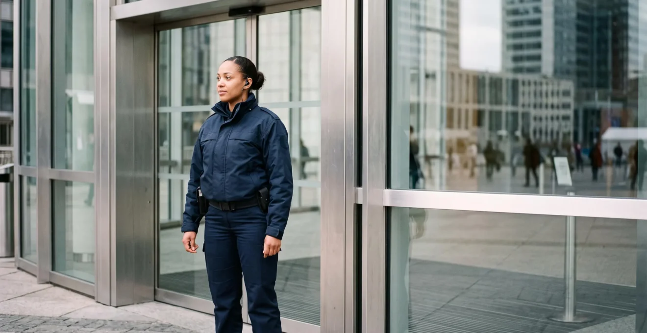 Agent de sécurité professionnel en uniforme observant un grand hall d'entrée moderne en France