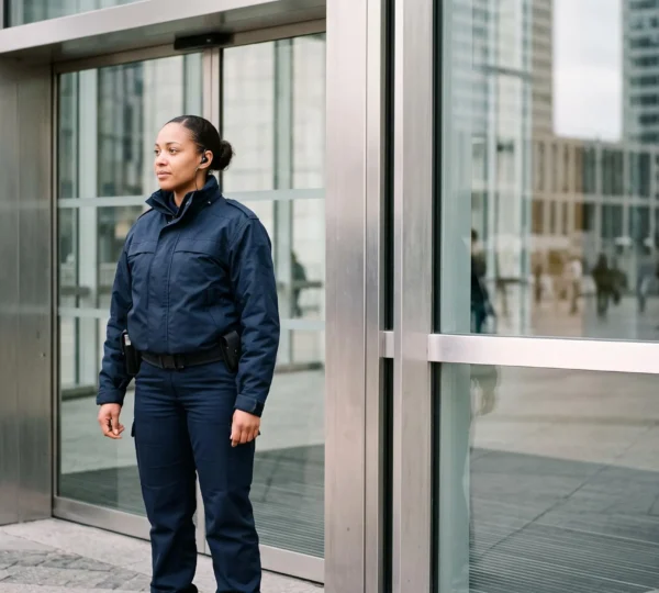 Agent de sécurité professionnel en uniforme observant un grand hall d'entrée moderne en France