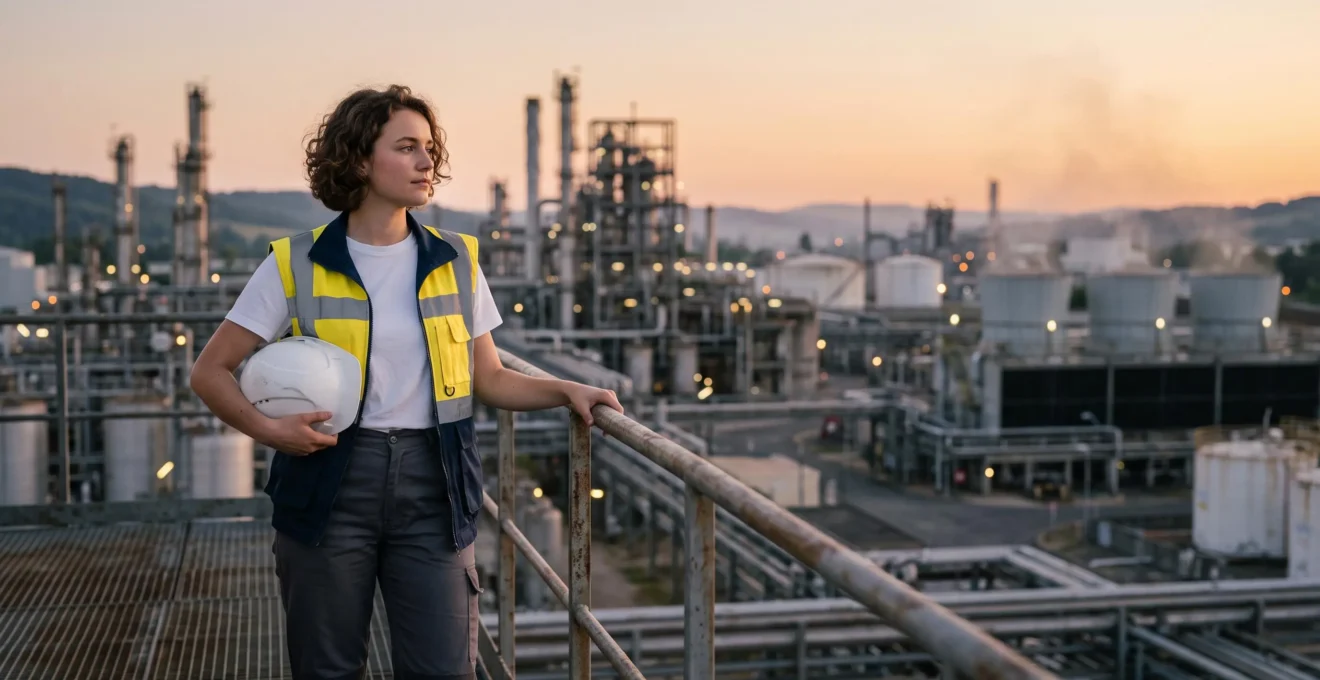 Jeune diplômé scientifique équipé d'un casque de sécurité observant un site industriel français au lever du jour, symbolisant le passage du lycée à l'ingénierie HSE