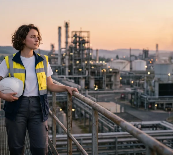 Jeune diplômé scientifique équipé d'un casque de sécurité observant un site industriel français au lever du jour, symbolisant le passage du lycée à l'ingénierie HSE