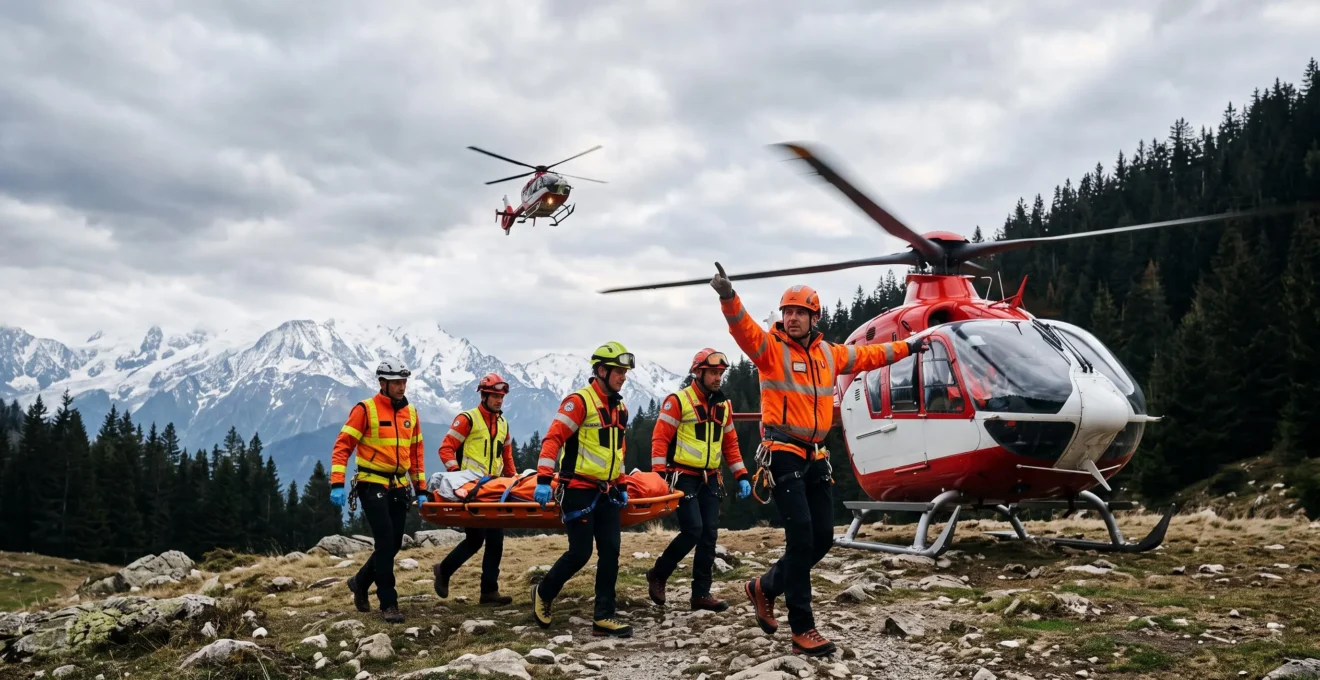 Equipe de secours francaise coordonnant une evacuation sanitaire d'urgence pres d'un helicoptere medicalise en montagne