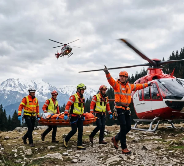 Equipe de secours francaise coordonnant une evacuation sanitaire d'urgence pres d'un helicoptere medicalise en montagne